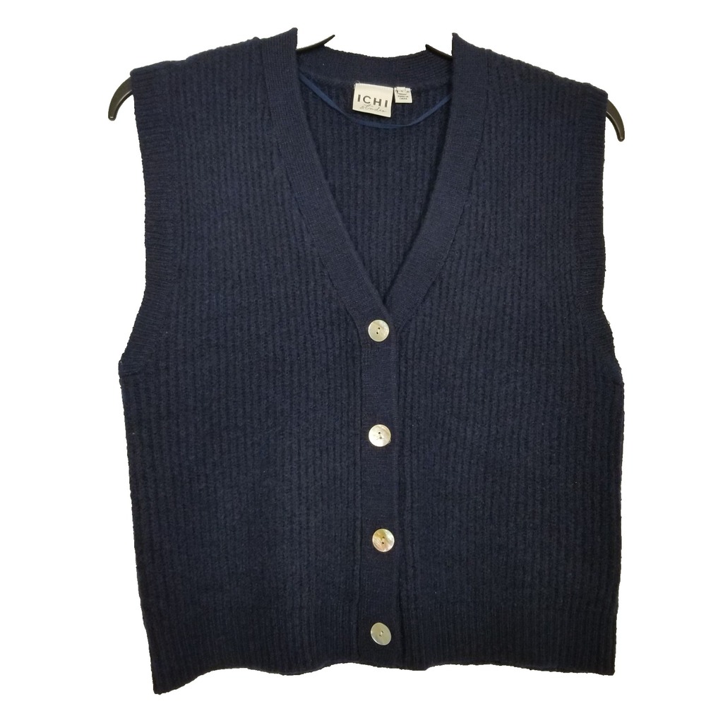 ICHI Studio Women Ribbed Knit Button Up Sweater‎ Vest Sz S Navy Wool Classic